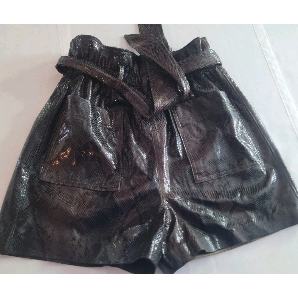 Women's Faux Leather Shorts 27 Metallic Snake Print Paperbag Waist Belt Y2K
